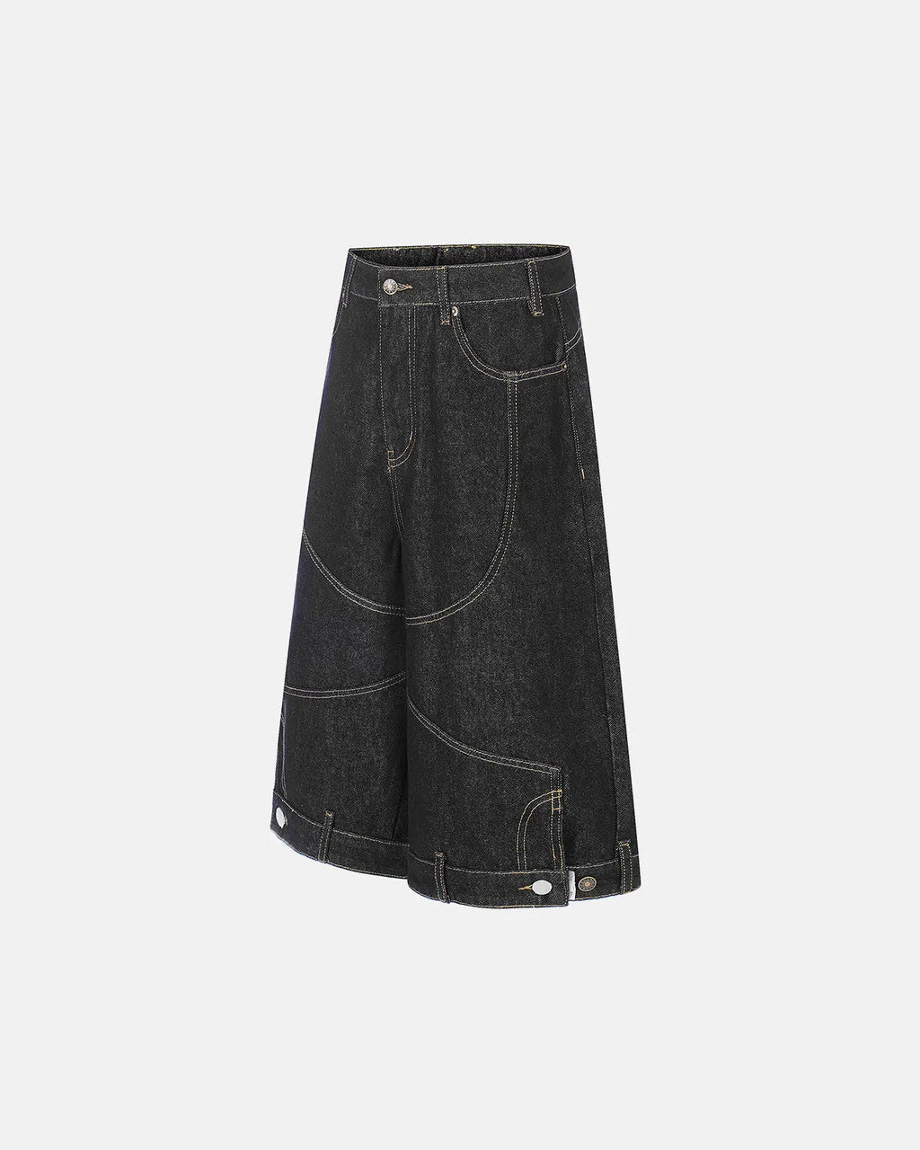 Black deconstructed raw denim jorts by Flation Streetwear, featuring frayed hems and distressed details, casual pants for street style.