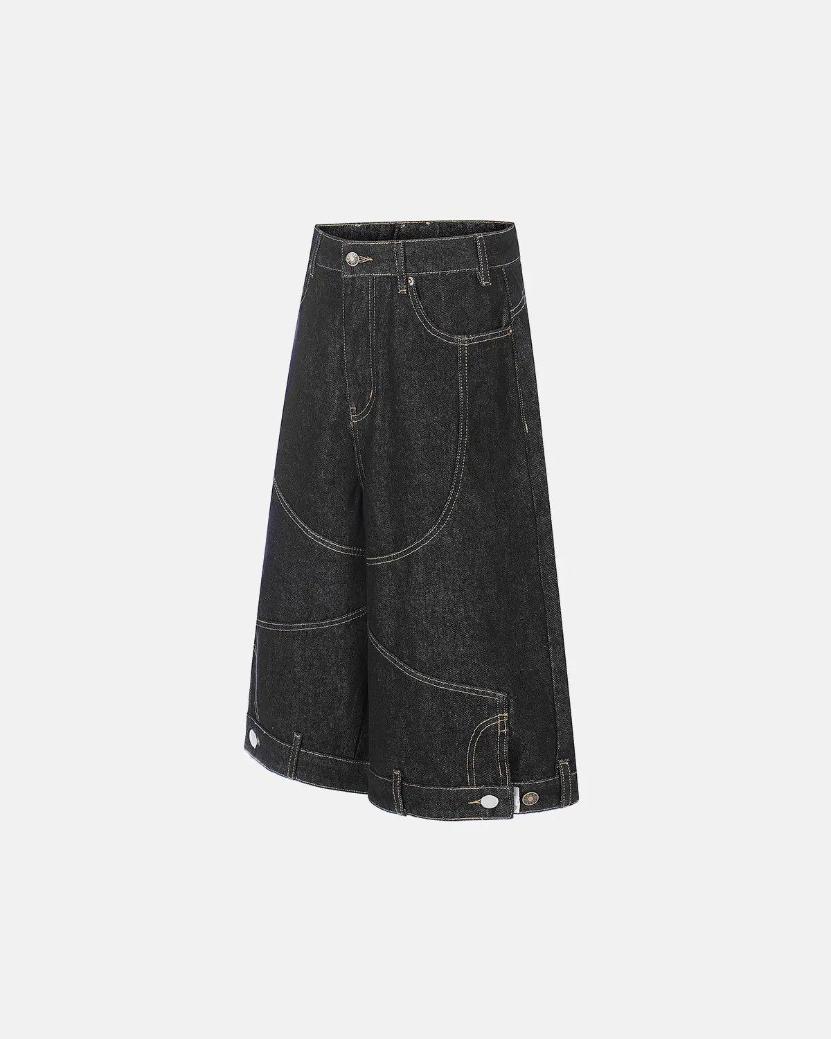 Black deconstructed raw denim jorts by Flation Streetwear, featuring frayed hems and distressed details, casual pants for street style.