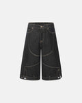 Black deconstructed raw denim jorts by Flation Streetwear, casual pants with distressed details and frayed hems.