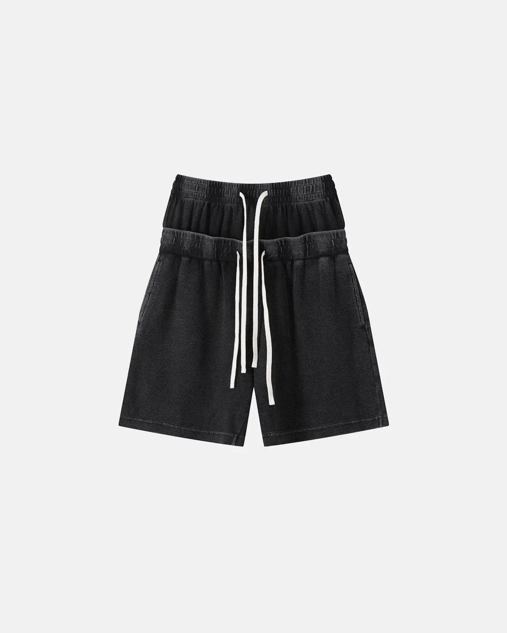 Black Flation streetwear double waist acid wash waffle shorts, casual pants with a textured, stylish design.