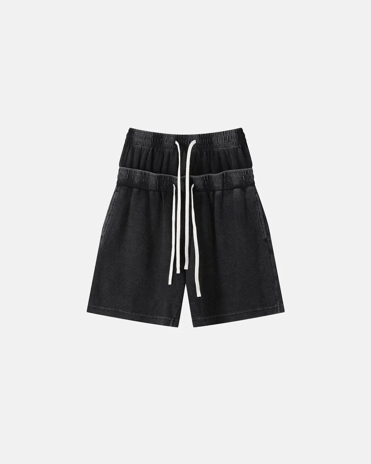 Black Flation streetwear double waist acid wash waffle shorts, casual pants with a textured, stylish design.