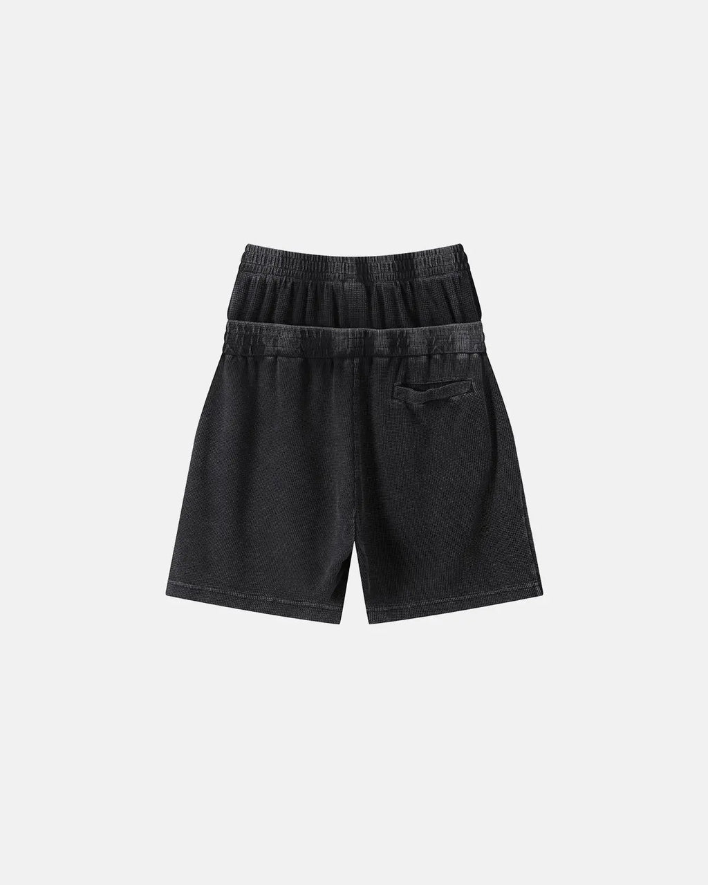 Black Flation streetwear waffle shorts with double waist and acid wash finish, crafted from comfortable pants fabric.