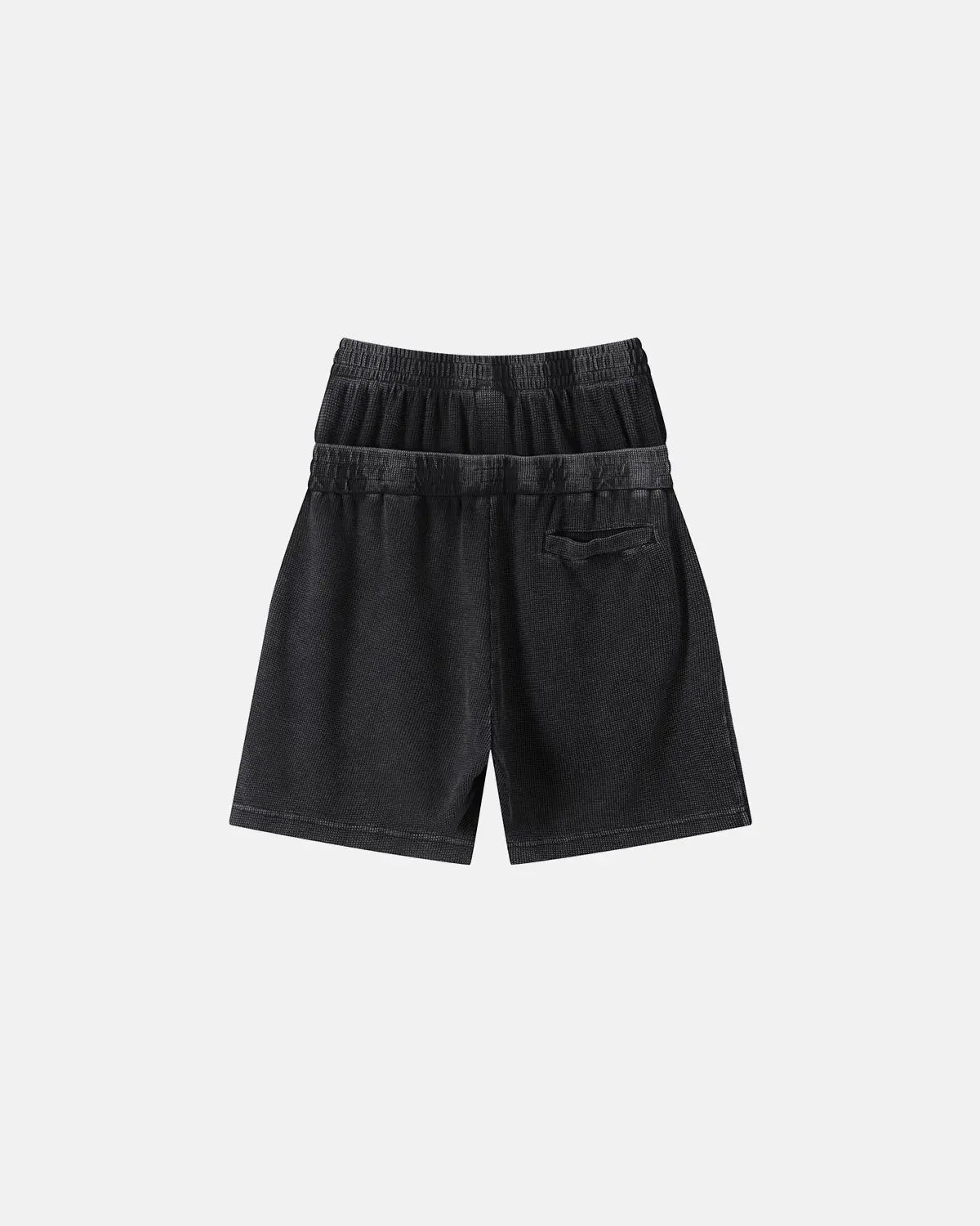 Black Flation streetwear waffle shorts with double waist and acid wash finish, crafted from comfortable pants fabric.