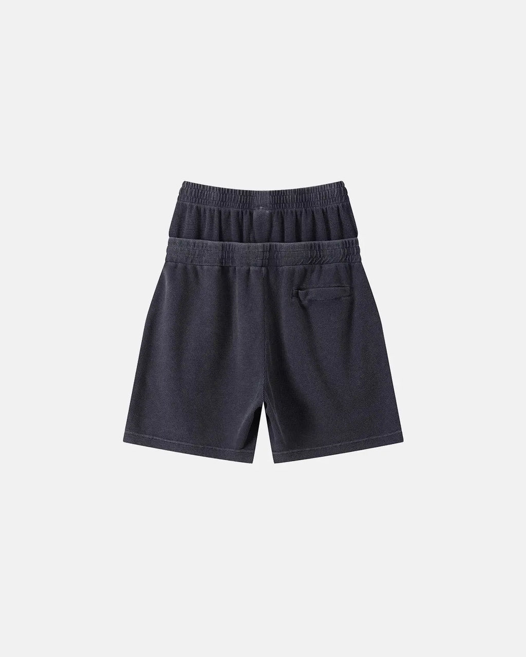 Black Flation double waist acid wash waffle shorts, casual streetwear pants with a relaxed fit and textured fabric.