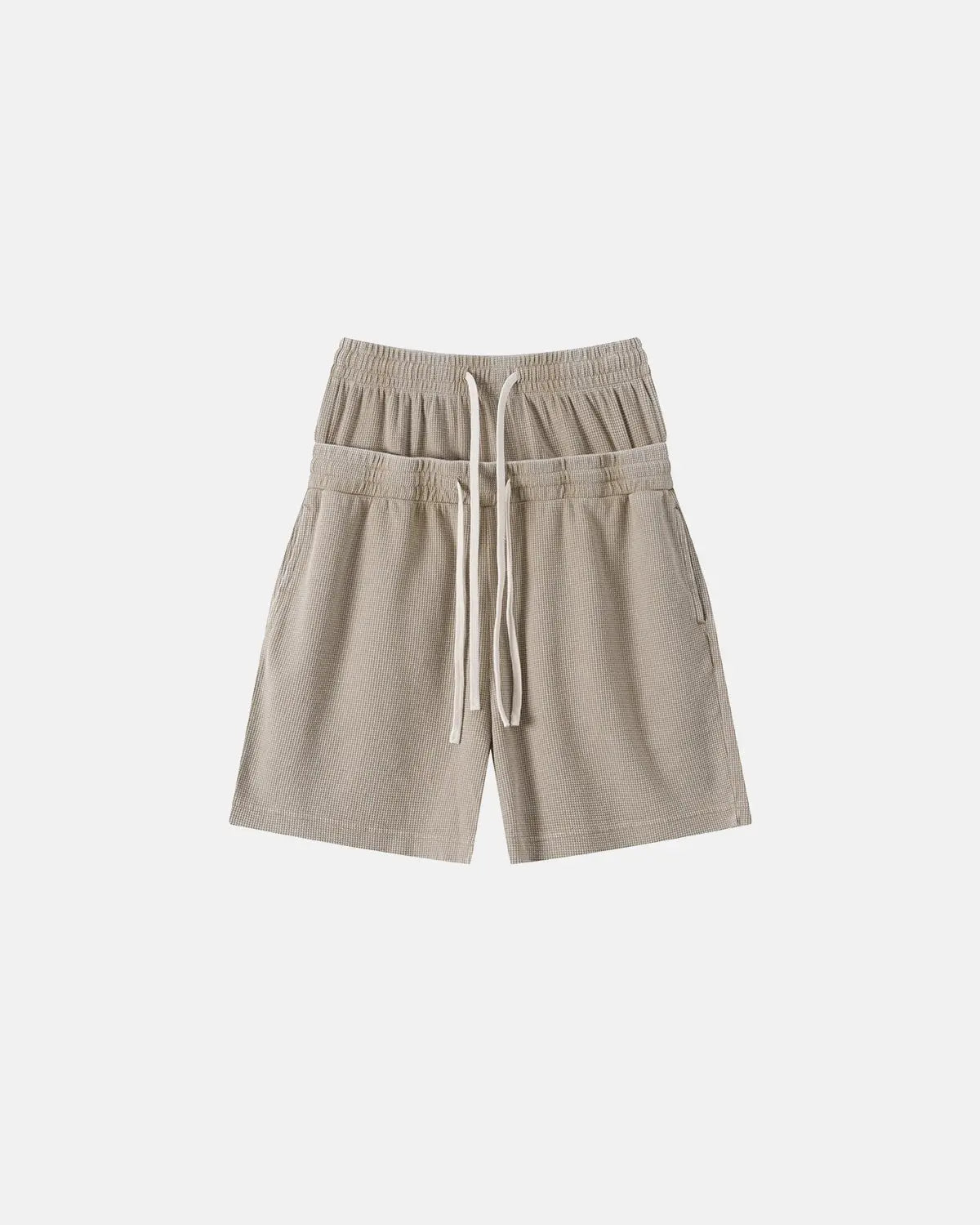 Black double waist acid wash waffle shorts by Flation Streetwear, showing the textured fabric and relaxed fit.