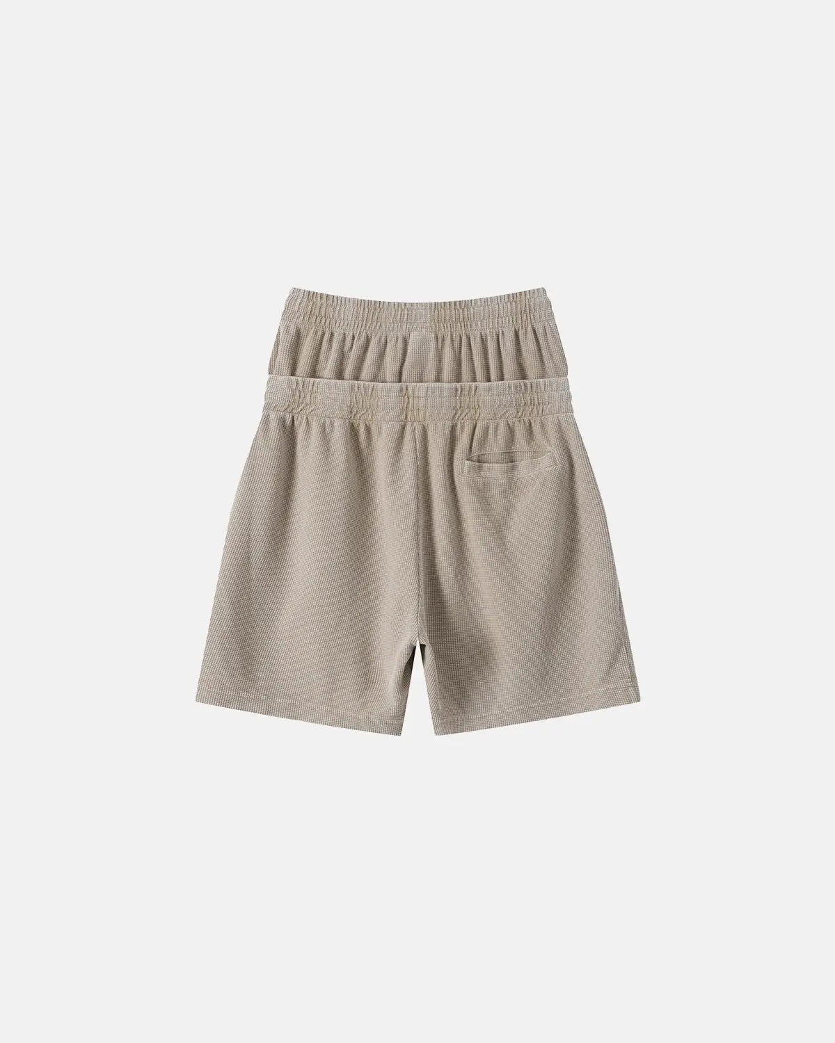 Black double waist acid wash waffle shorts by Flation Streetwear, showing the textured fabric and relaxed fit.