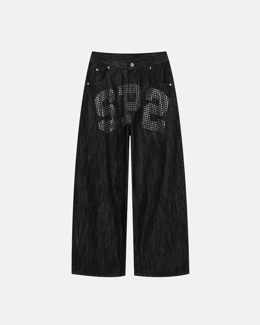 Flation Rhinestone Number Wide Leg Jeans, stylish streetwear pants with sparkling rhinestone details and a wide leg fit.