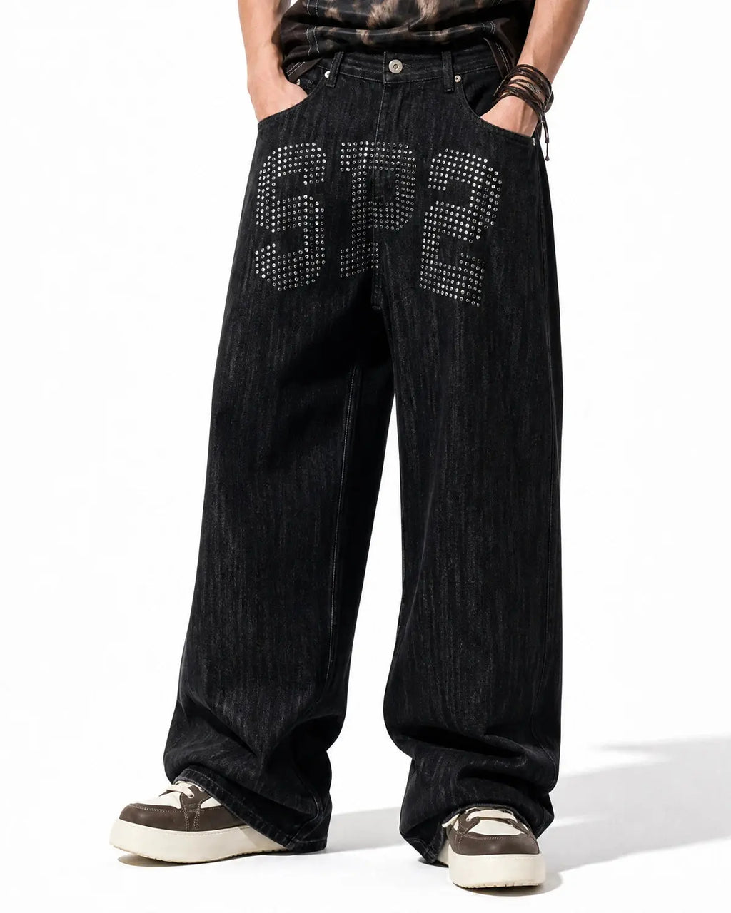 Flation Rhinestone Number Wide Leg Jeans, stylish streetwear pants with bold rhinestone number design and wide-leg fit.