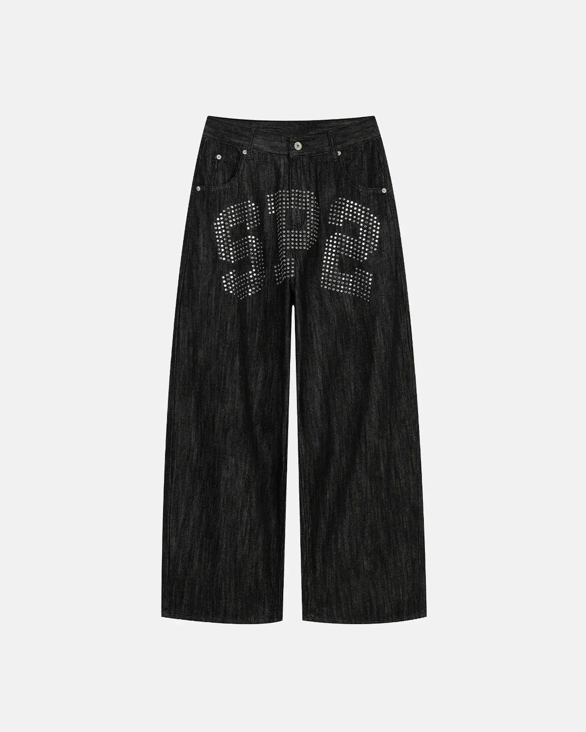 Flation Rhinestone Number Wide Leg Jeans showing the stylish denim pants with rhinestone embellishments and wide-leg fit.