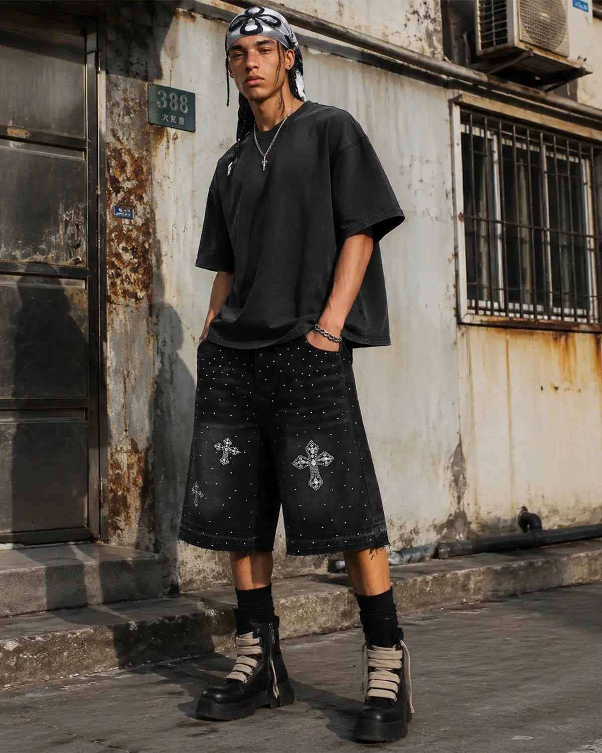Flation Rhinestone Straight Leg Jorts, stylish denim pants with rhinestone embellishments and a straight fit, streetwear fashion.