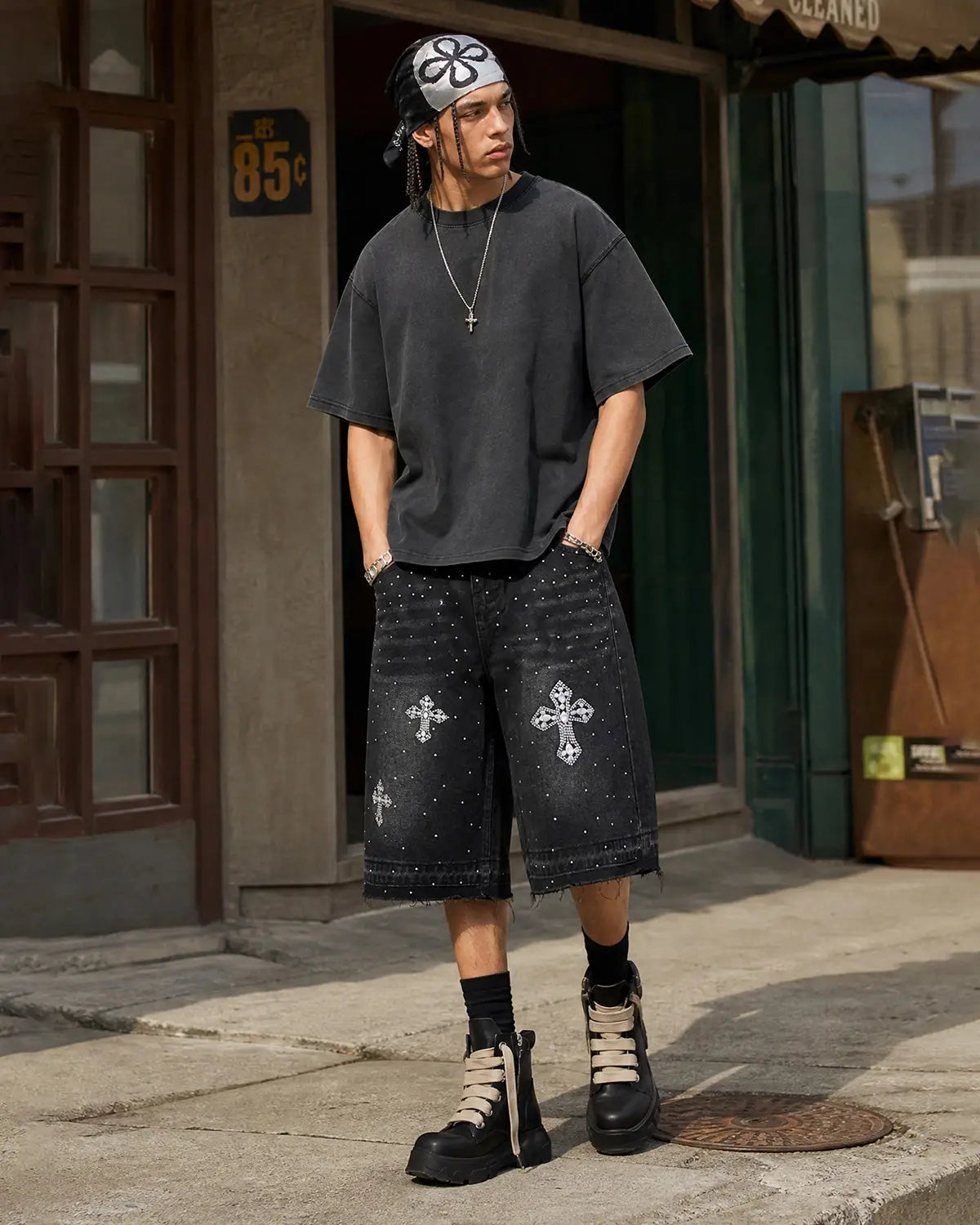 Flation Rhinestone Straight Leg Jorts, stylish denim pants with rhinestone embellishments and a straight-leg fit.