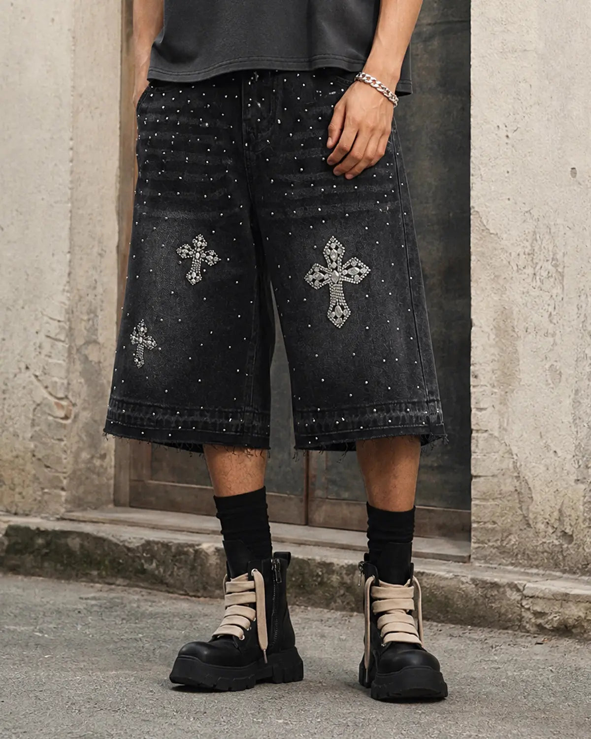 Flation Rhinestone Straight Leg Jorts showing shiny rhinestone embellishments on denim pants with a straight fit.