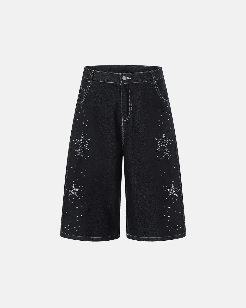 Black star rhinestone denim shorts by Flation, stylish streetwear pants with sparkling star embellishments and classic denim design.