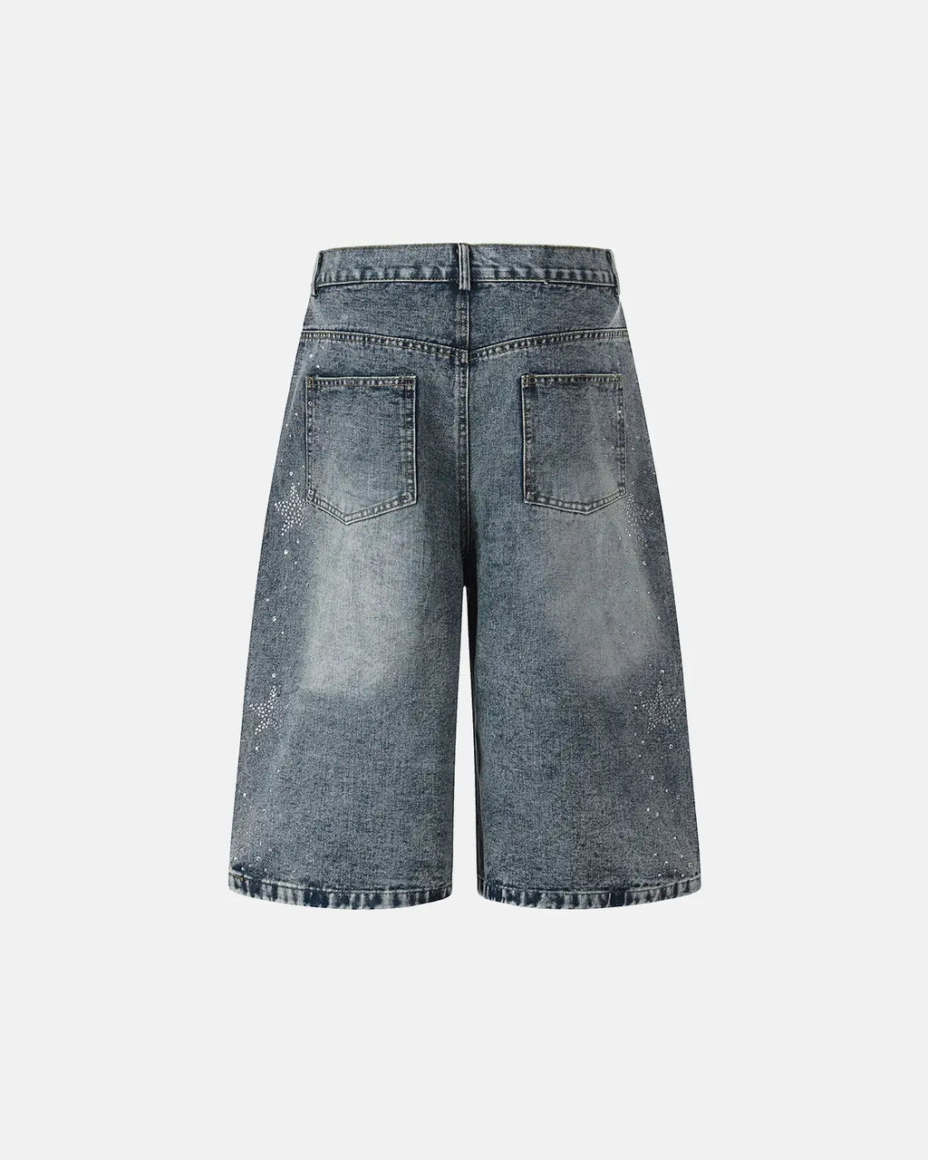 Black star rhinestone denim shorts by Flation, stylish streetwear pants with sparkling star embellishments.