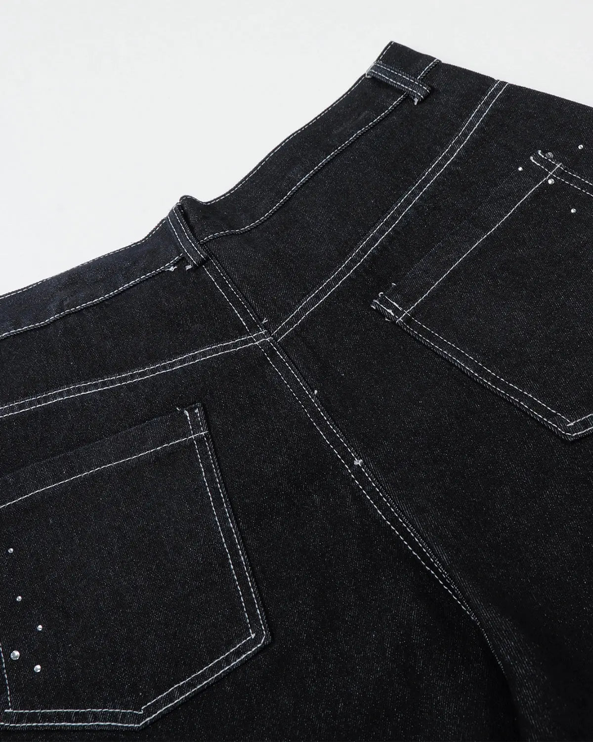 Black denim shorts with star rhinestone embellishments from Flation Streetwear, featuring a stylish, casual pants design.