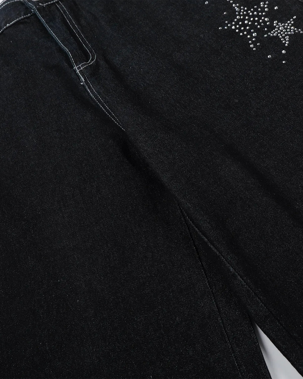 Black denim shorts with star rhinestone embellishments by Flation, featuring a stylish streetwear design.
