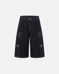 Black star rhinestone denim shorts from Flation Streetwear, featuring stylish distressed detailing and a fitted waistband.