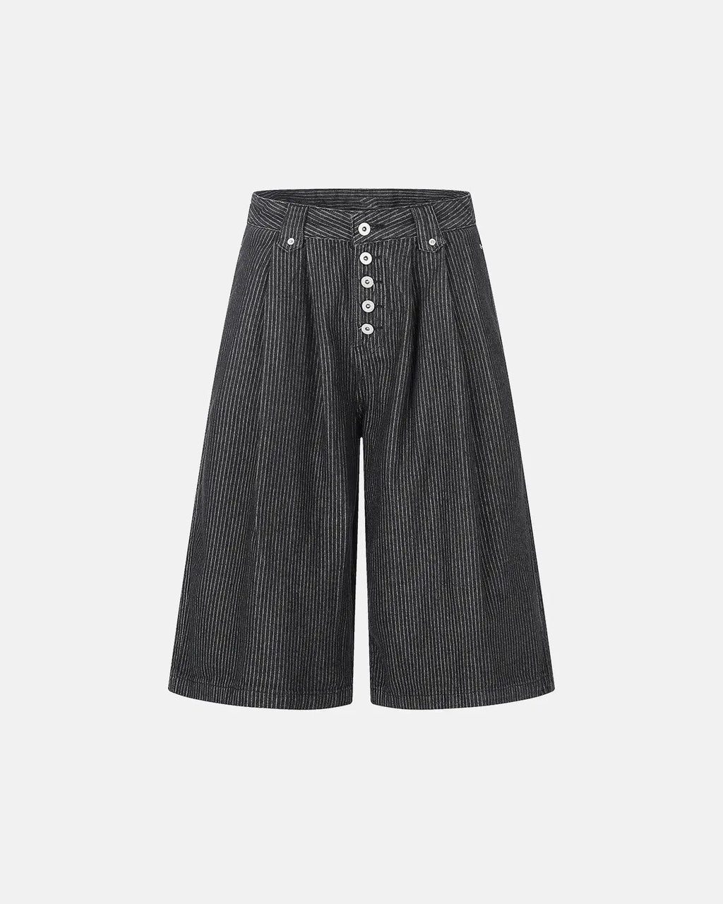 Black striped button fly baggy jorts by Flation Streetwear, relaxed-fit denim pants with bold vertical stripes and casual style.