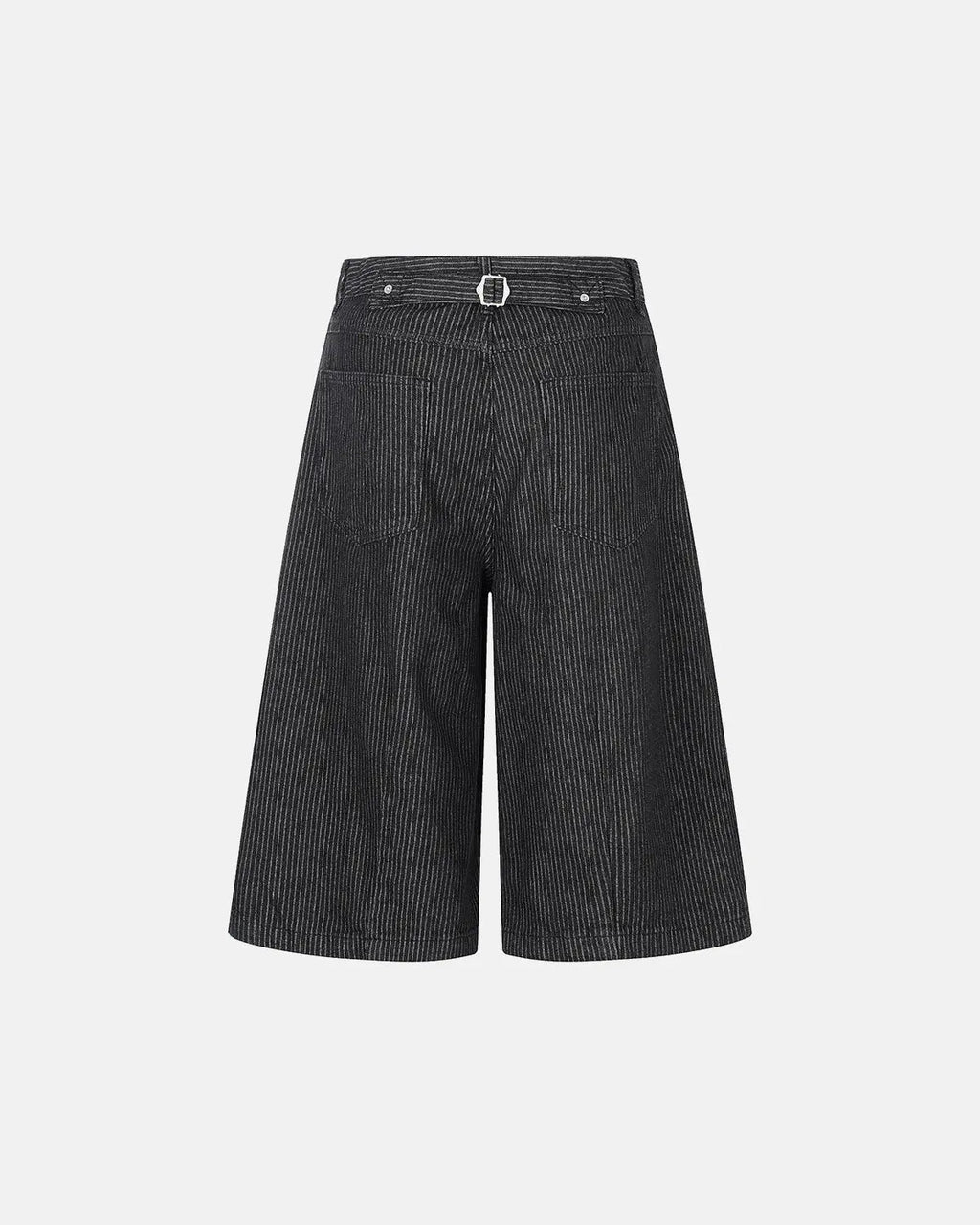Black striped Flation streetwear baggy jorts pants with button fly and relaxed fit, featuring bold stripe pattern and casual style.