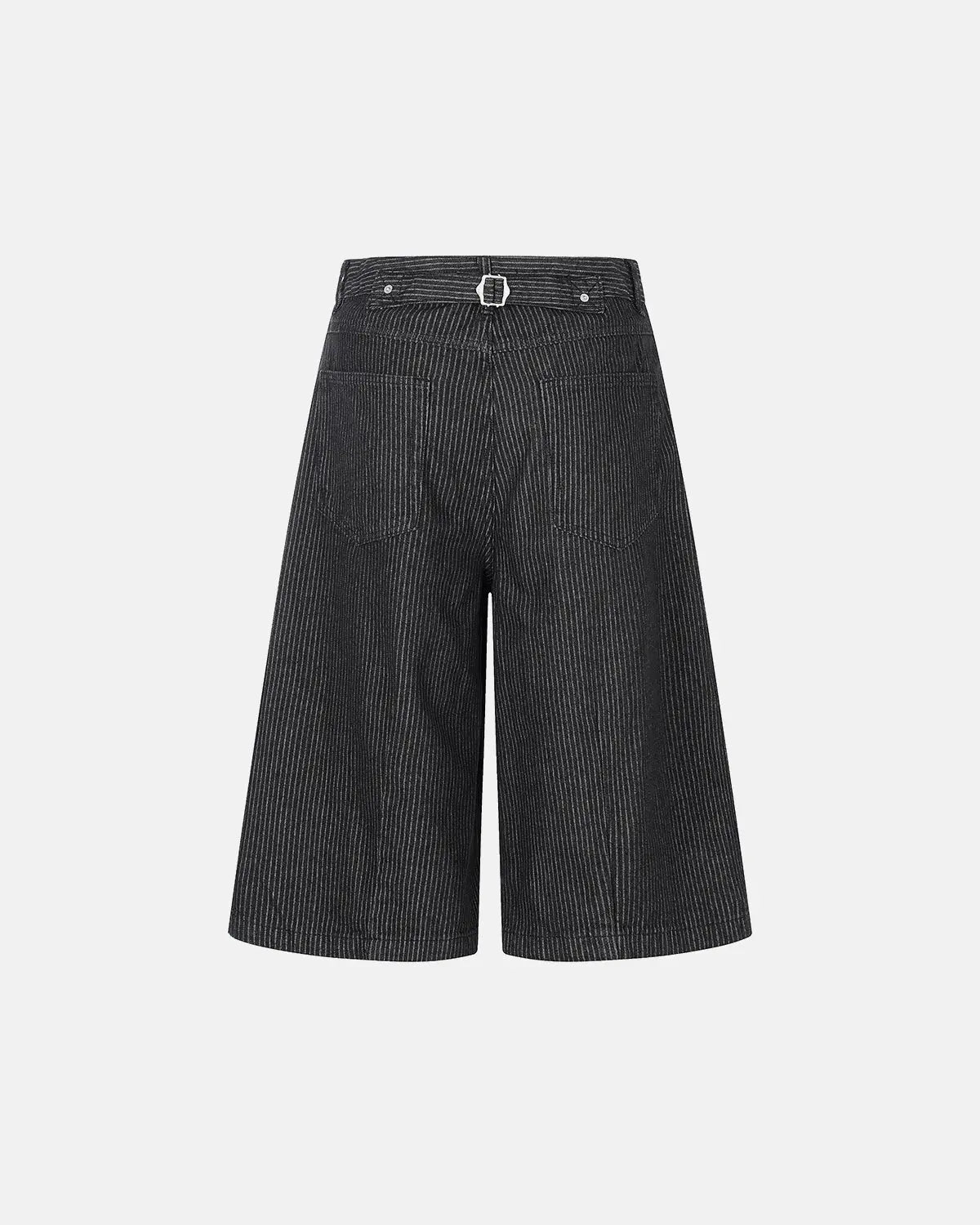 Black striped Flation streetwear baggy jorts pants with button fly and relaxed fit, featuring bold stripe pattern and casual style.
