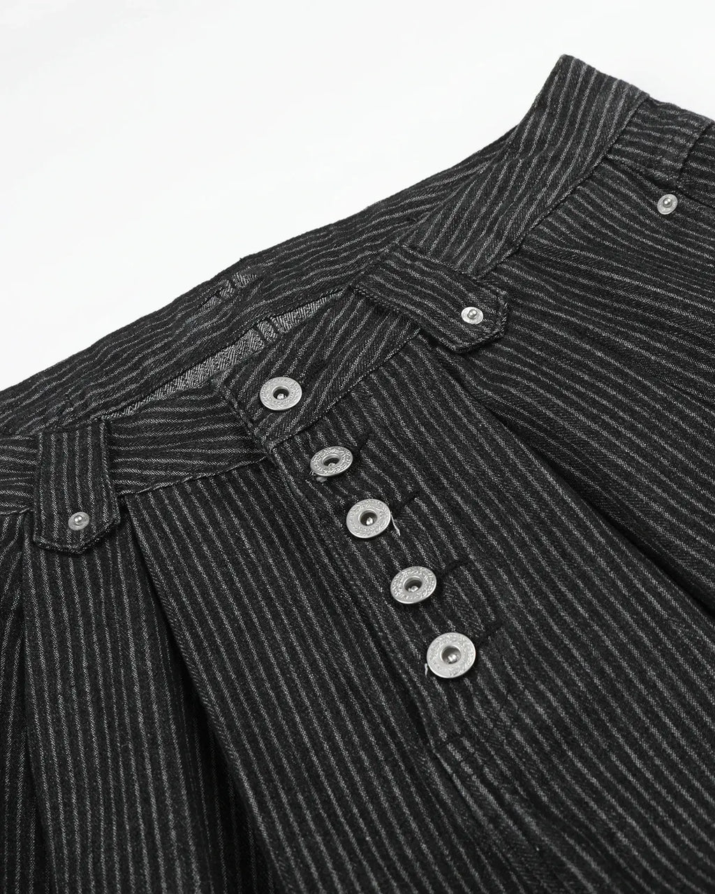 Black striped Flation streetwear baggy jorts with button fly, relaxed fit denim pants featuring bold stripe pattern.