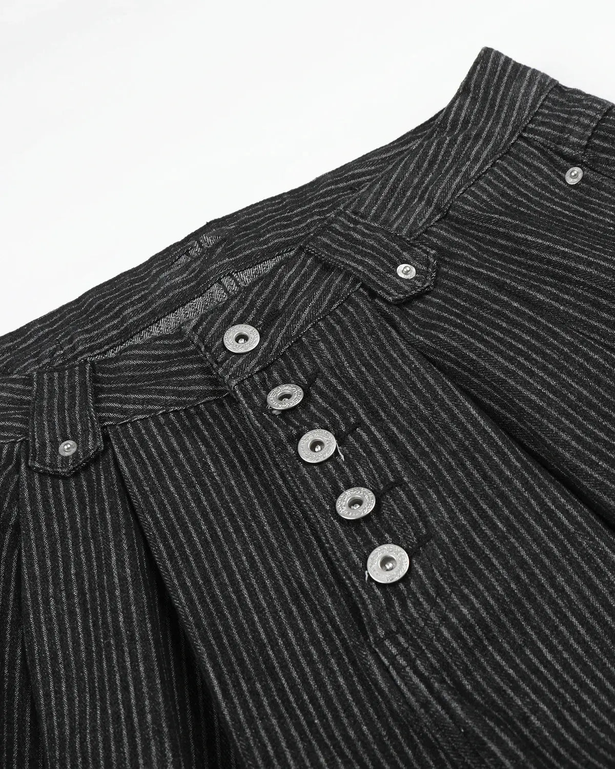Black striped Flation streetwear baggy jorts with button fly, relaxed fit denim pants featuring bold stripe pattern.