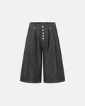 Black striped Flation Streetwear baggy jorts with button fly, relaxed fit denim pants, casual streetwear style.