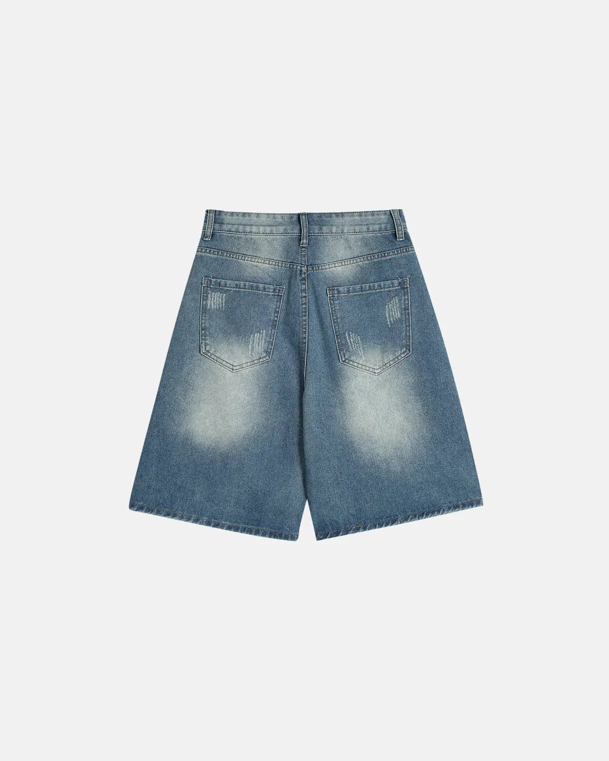 Blue distressed washed knee-length jorts from Flation Streetwear, casual denim pants with a rugged, worn-in look.