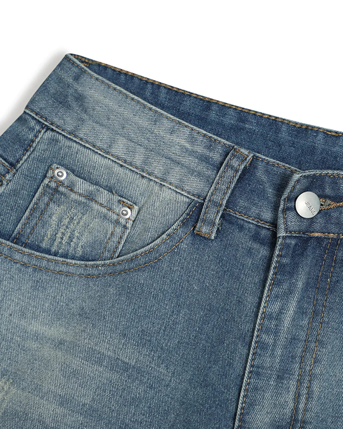 Blue distressed washed knee-length jorts from Flation Streetwear, casual denim pants with a relaxed fit and frayed hem.