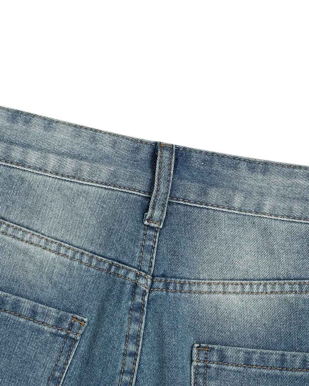 Blue distressed washed knee-length jorts from Flation Streetwear, casual denim pants with a rugged, worn-in look.