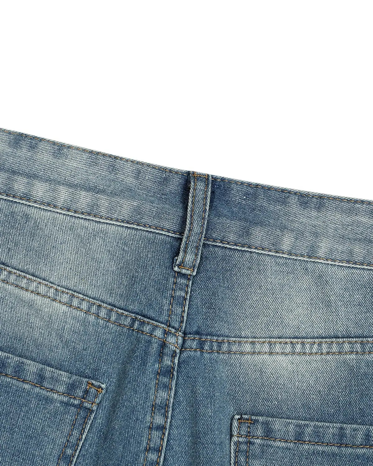 Blue distressed washed knee-length jorts from Flation Streetwear, casual denim pants with a rugged, worn-in look.