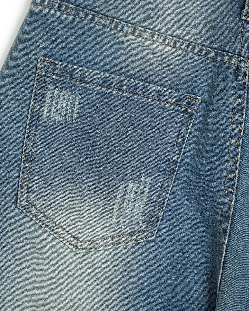 Blue distressed washed knee-length jorts by Flation Streetwear, casual denim pants with a worn-in, trendy look.