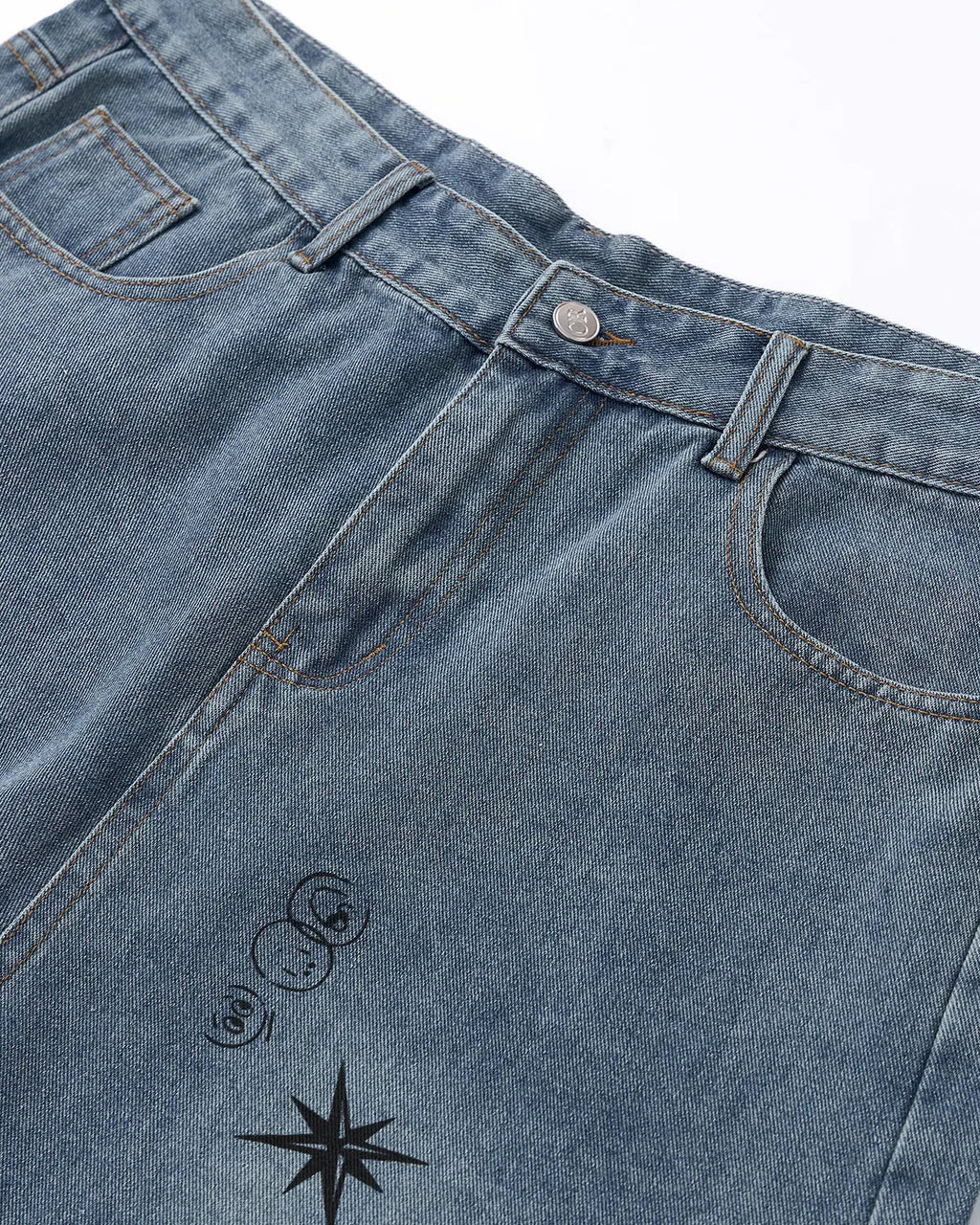 Blue washed graffiti longline jorts by Flation Streetwear, casual pants with distressed details and a relaxed fit.
