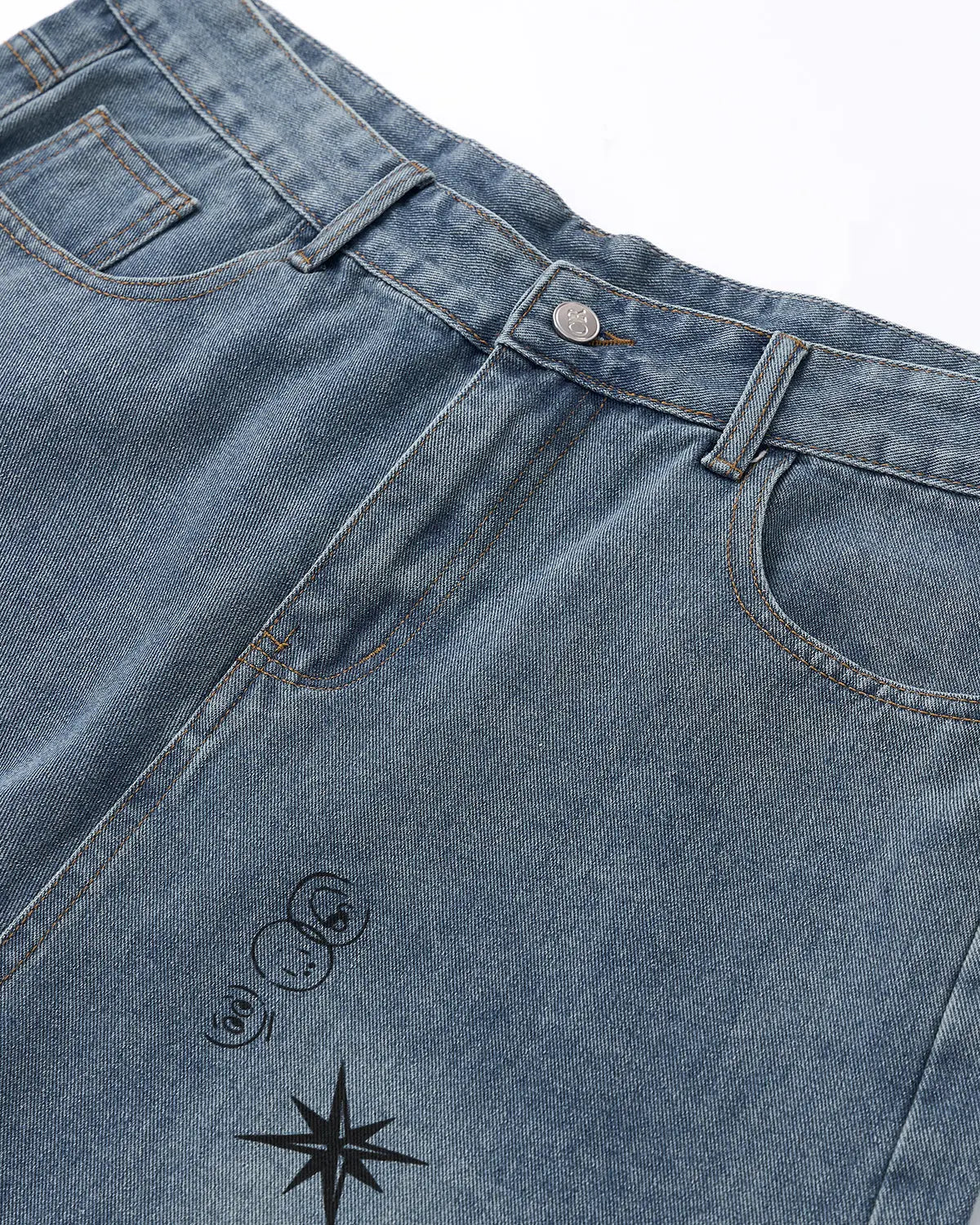 Blue washed graffiti longline jorts by Flation Streetwear, casual pants with distressed details and a relaxed fit.
