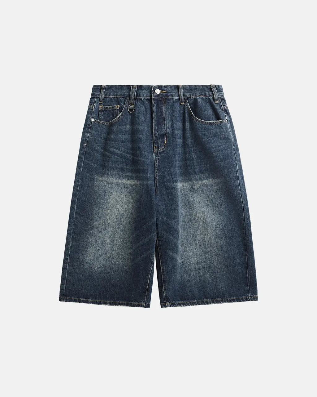 Acid washed longline baggy denim jorts by Flation Streetwear, featuring a relaxed fit, distressed detailing, and frayed hem.
