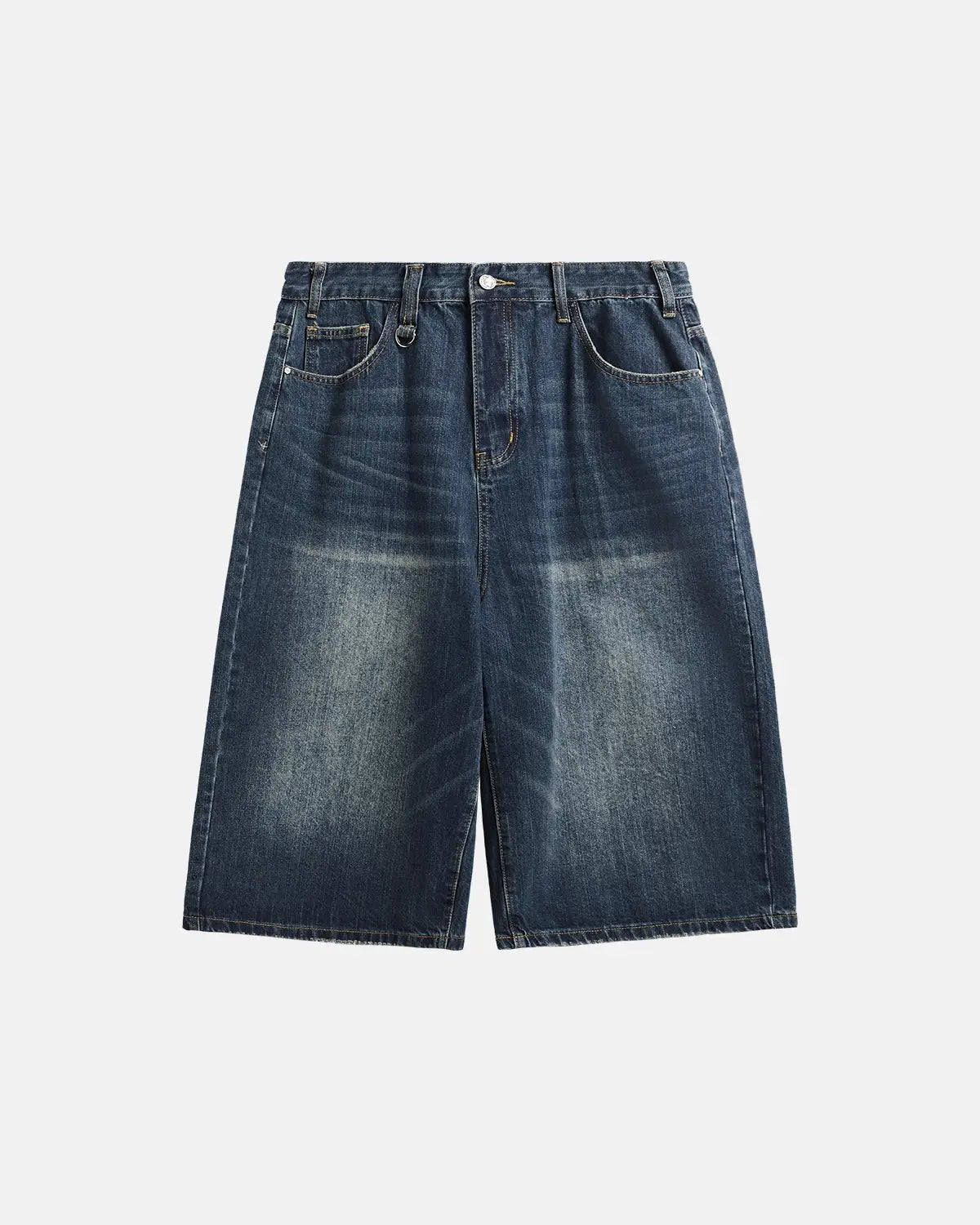 Acid washed longline baggy denim jorts by Flation Streetwear, featuring a relaxed fit, distressed detailing, and frayed hem.