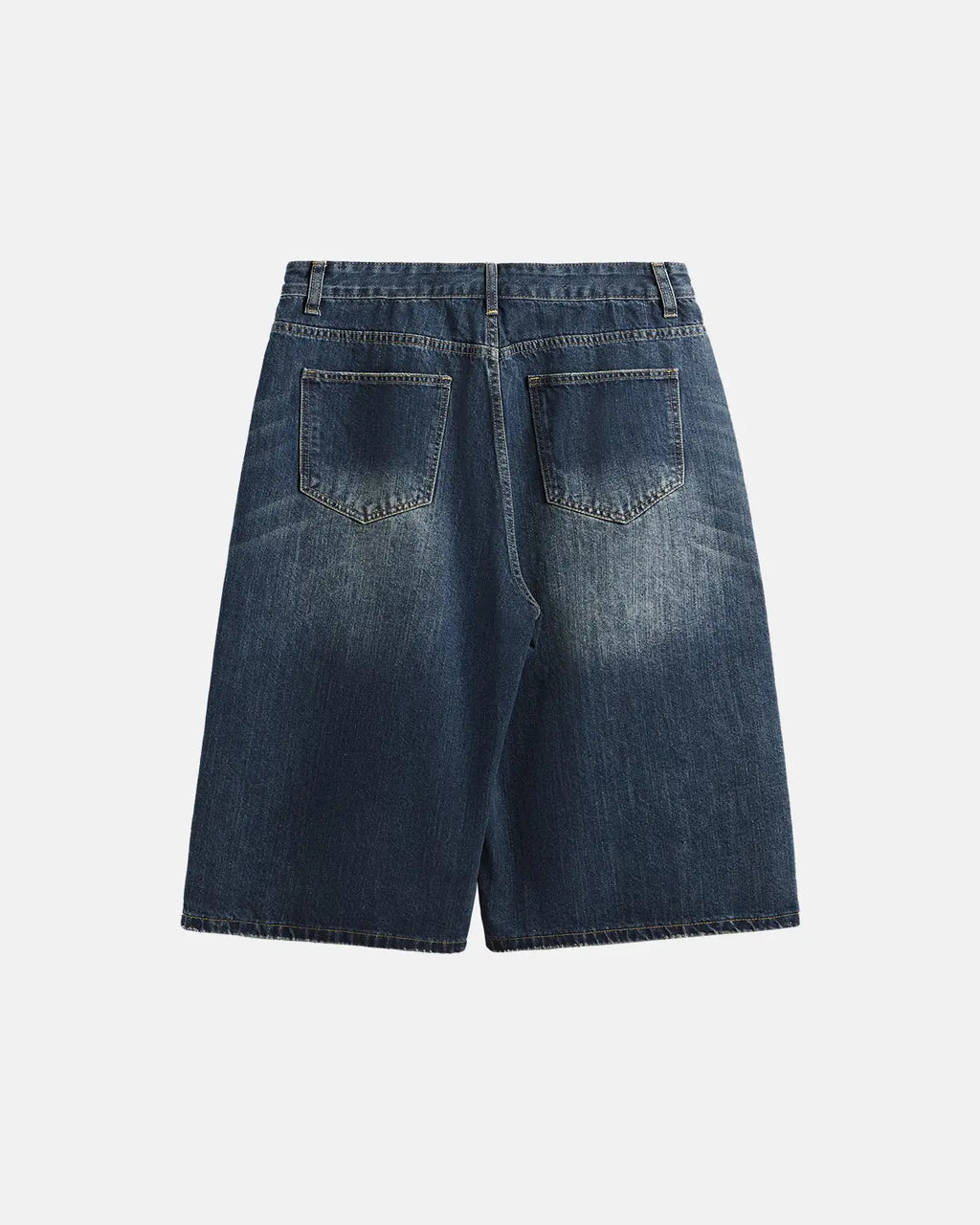 Acid washed longline baggy denim jorts pants by Flation Streetwear, featuring distressed details and a relaxed fit.