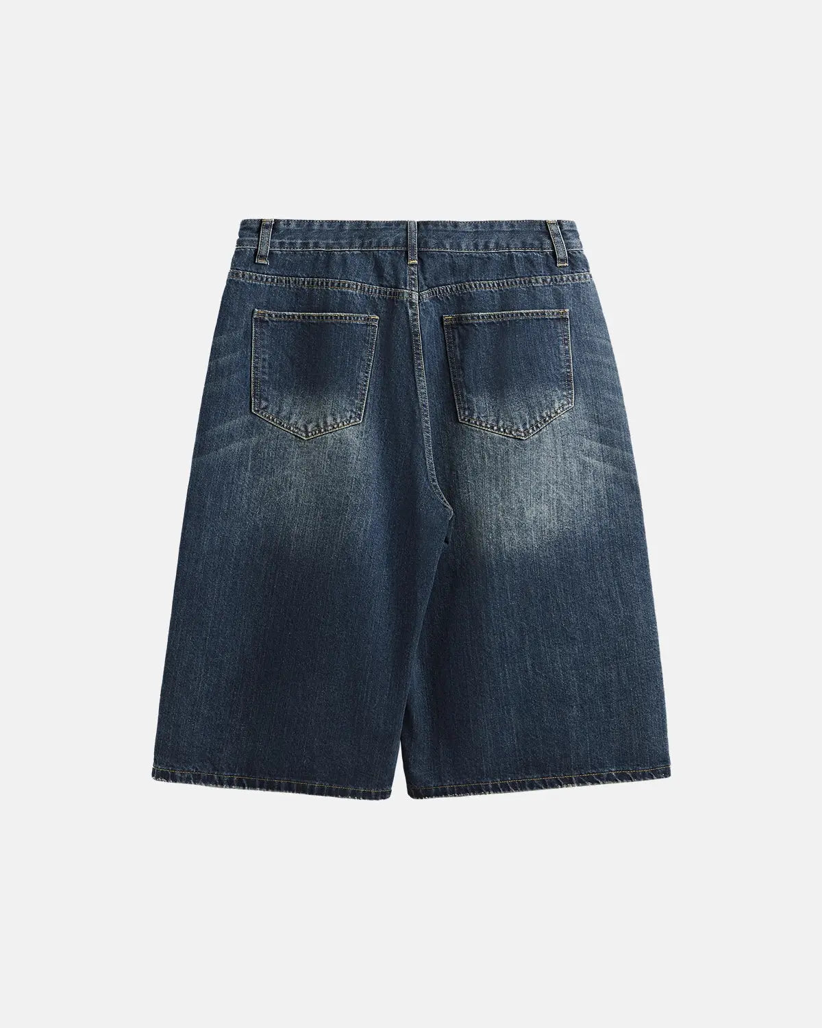 Acid washed longline baggy denim jorts pants by Flation Streetwear, featuring distressed details and a relaxed fit.