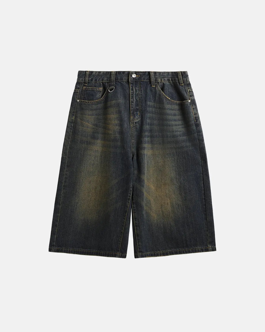 Acid washed longline baggy denim jorts pants by Flation Streetwear with a relaxed fit and distressed detail, front view.