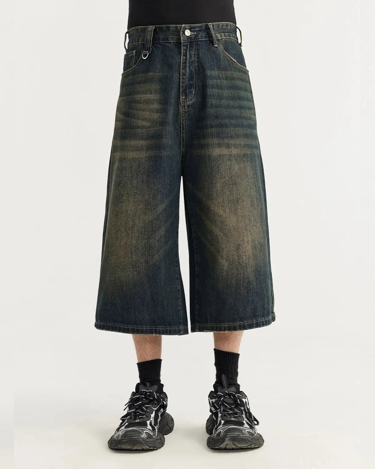 Acid washed longline baggy denim jorts by Flation Streetwear, relaxed fit men's denim pants with distressed details.