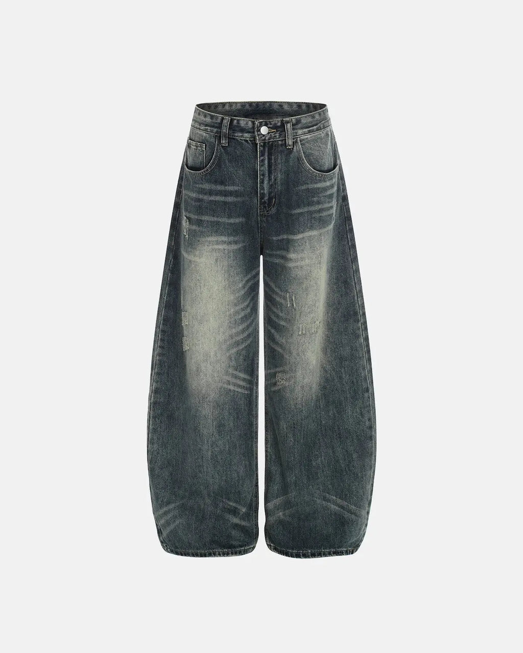 Acid washed ripped baggy barrel jeans by Flation Streetwear, showing distressed denim with a relaxed, oversized fit.