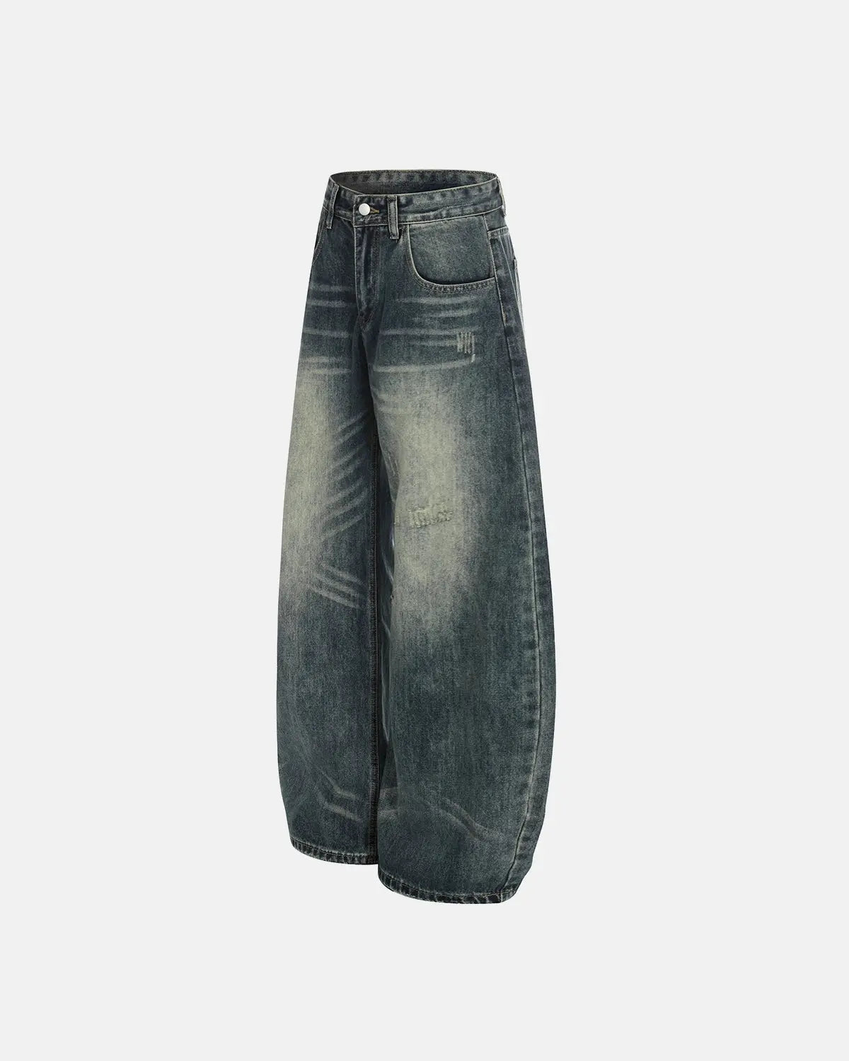 Acid washed ripped baggy barrel jeans by Flation Streetwear, featuring distressed details and relaxed fit in denim.