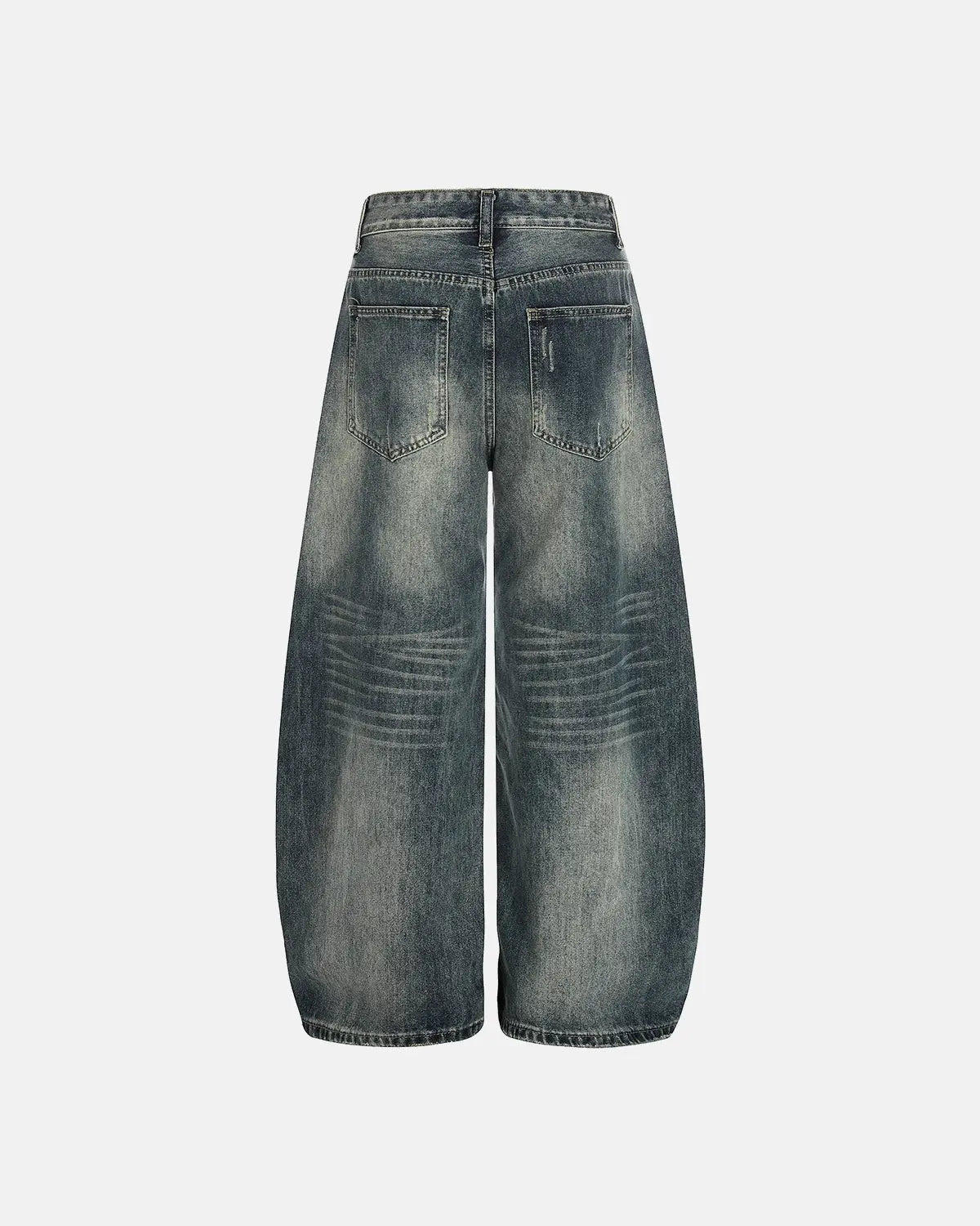 Acid washed ripped baggy barrel jeans by Flation Streetwear, showing distressed details and relaxed fit.