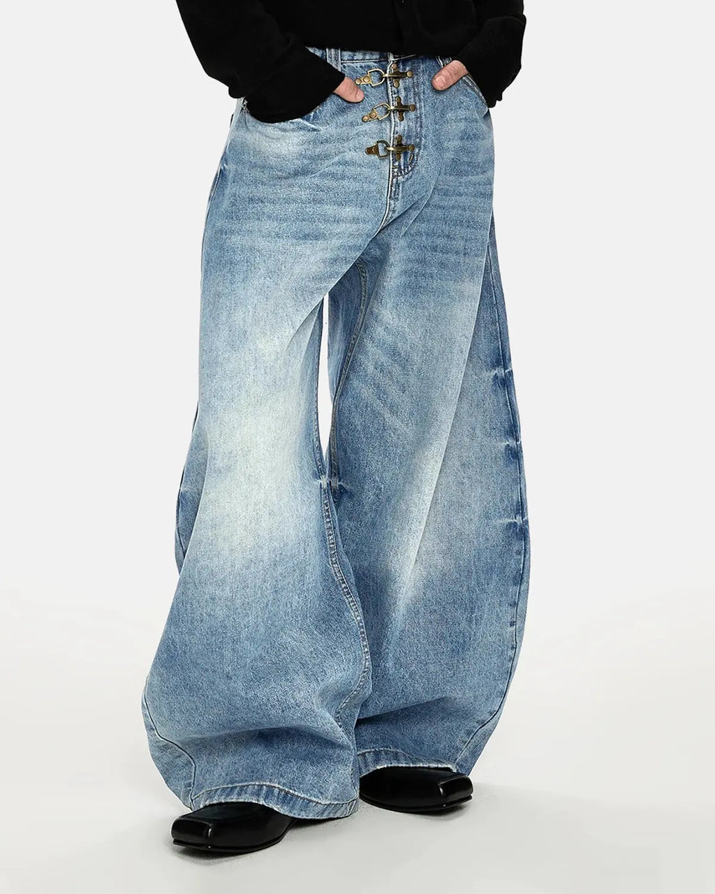 Blue acid washed whisker clasp barrel jeans from Flation Streetwear, showcasing relaxed fit and stylish denim design.