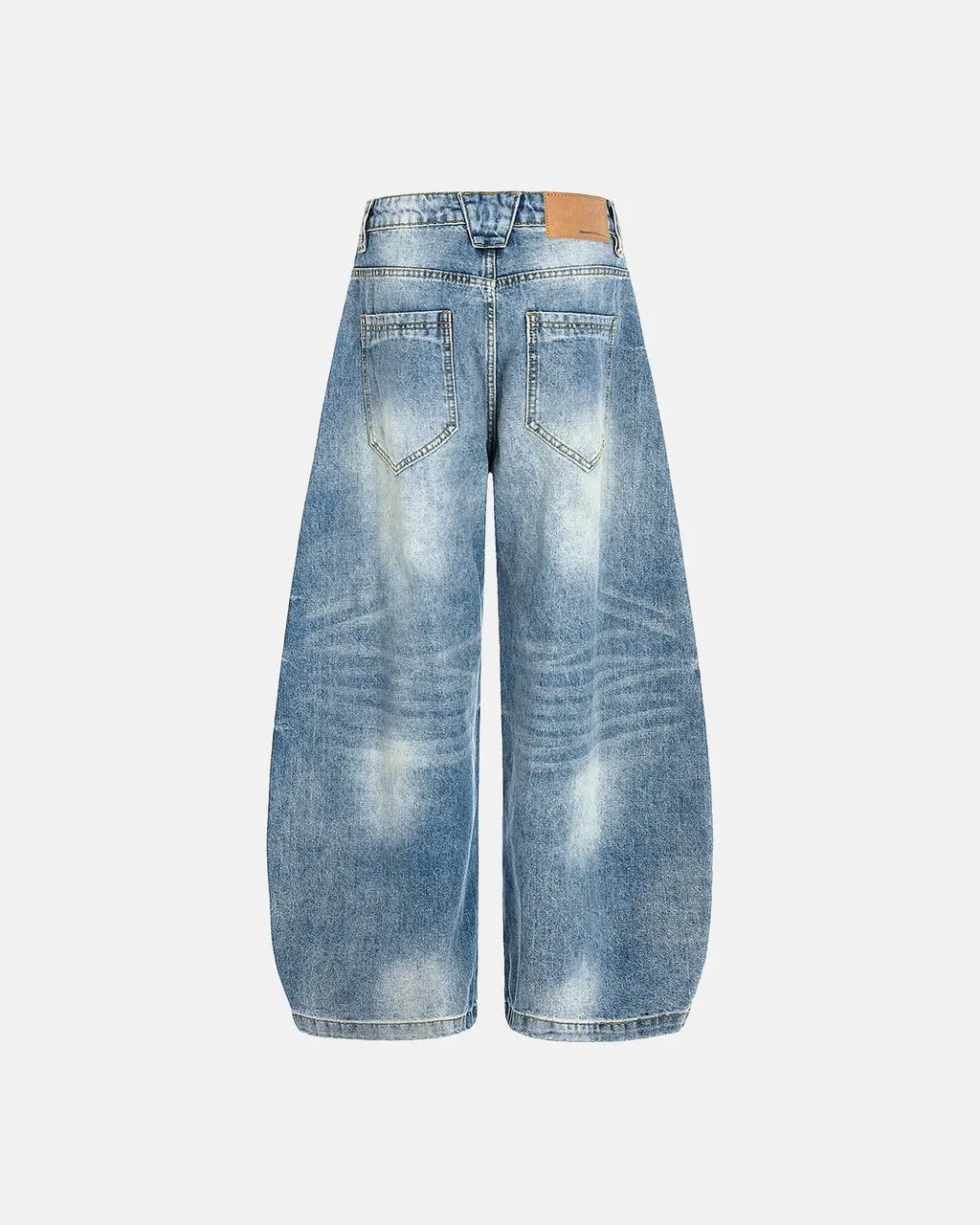 Blue acid washed whisker clasp barrel jeans by Flation Streetwear, showcasing relaxed fit and stylish denim design.