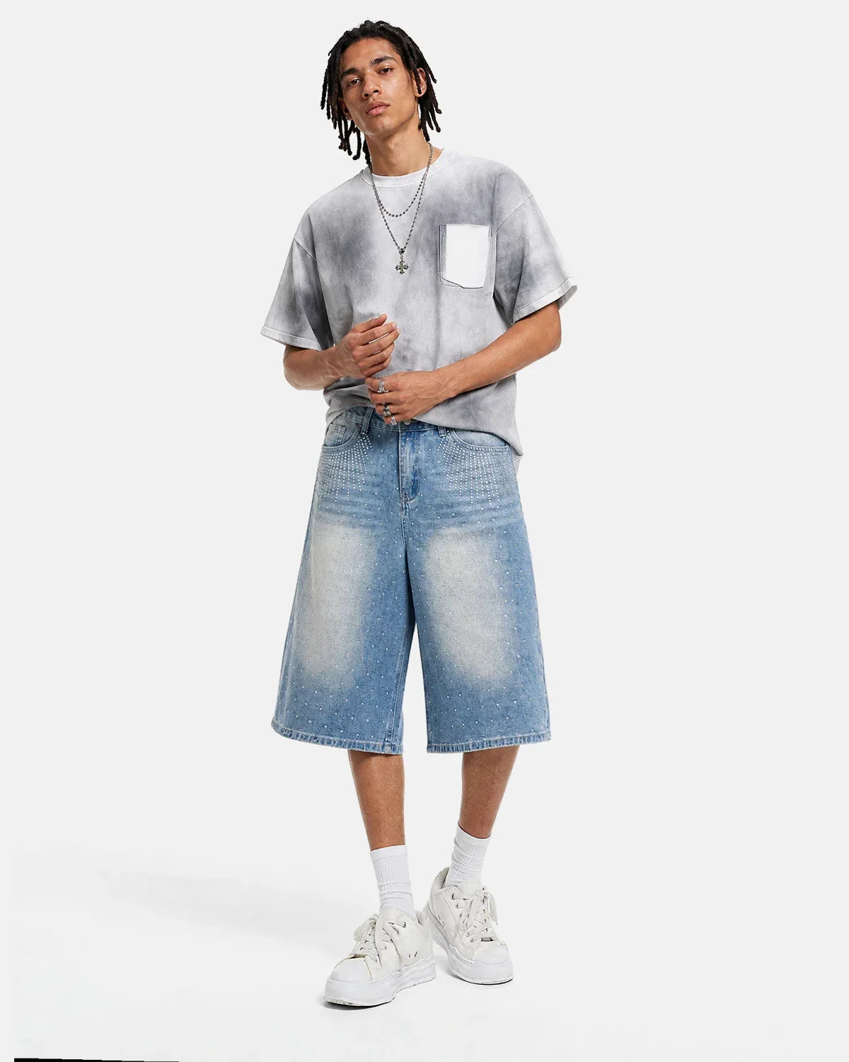 Blue rhinestone baggy jeans shorts by Flation featuring a relaxed fit, distressed details, and rhinestone embellishments for streetwear style.