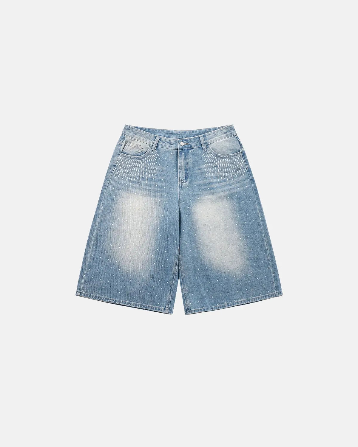 Blue rhinestone baggy jeans shorts by Flation, streetwear style pants with rhinestone embellishments and relaxed fit.