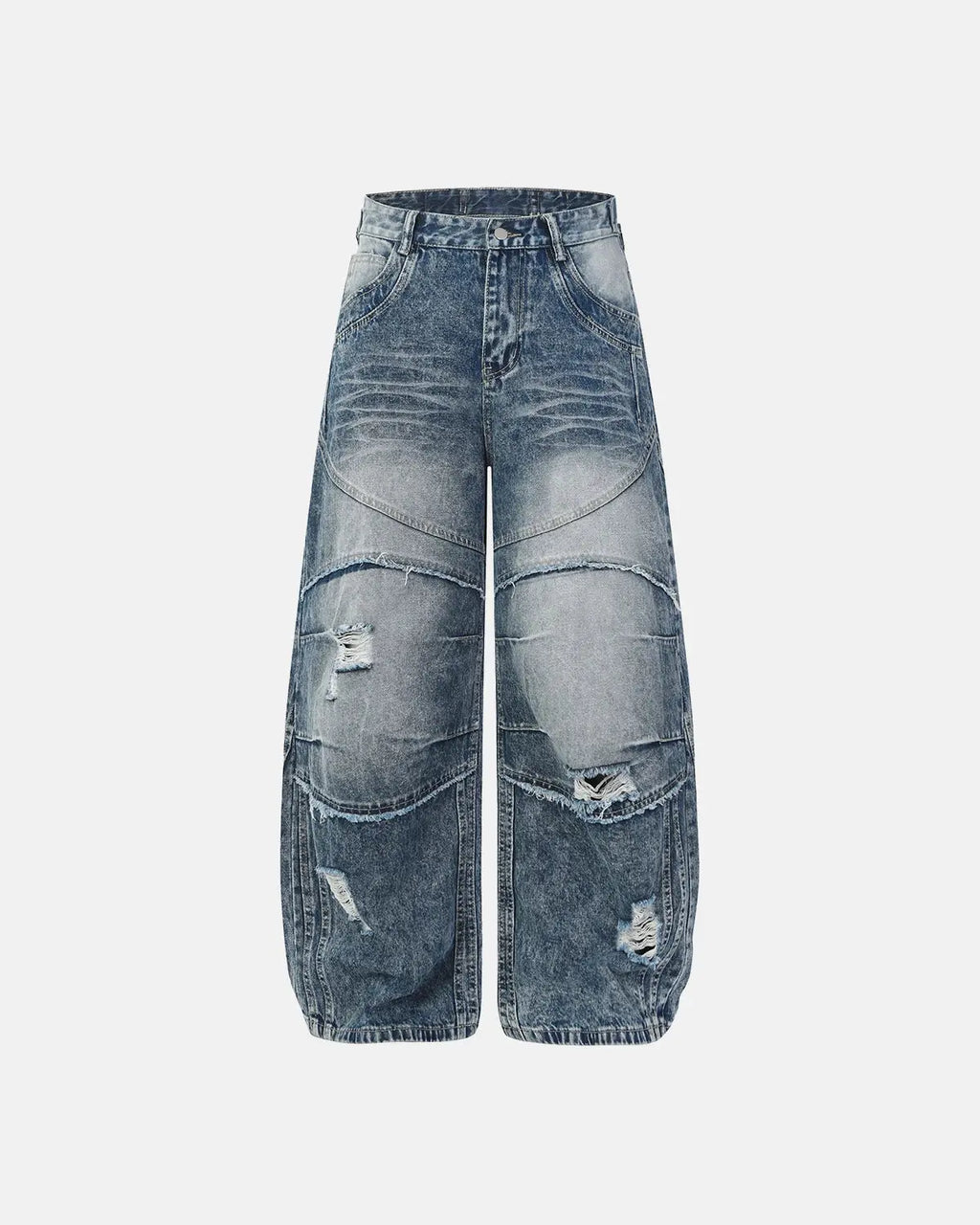 Blue Cinch Back Deconstructed Distressed Barrel Jeans by Flation Streetwear, showcasing a relaxed fit with distressed details and unique styling.