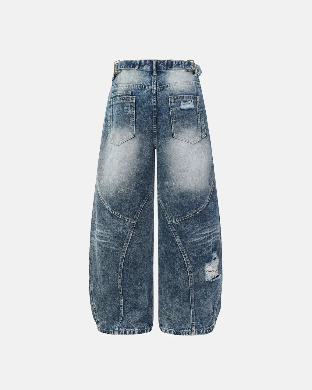 Blue Flation streetwear Cinch Back deconstructed distressed barrel jeans, showing the relaxed fit and stylish distressed details.