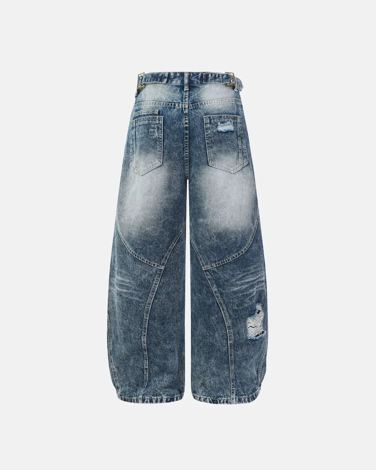 Blue Flation streetwear Cinch Back deconstructed distressed barrel jeans, showing the relaxed fit and stylish distressed details.